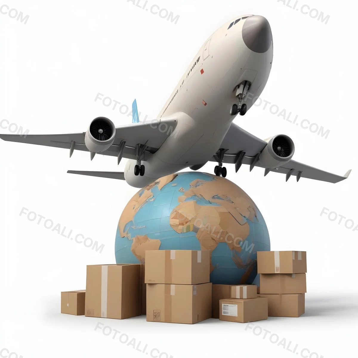 A Large Commercial Airplane Taking Off From A Globe With Cardboard Boxes And A Compass On The Ground Representing Global Logistics And Transportation 7 6d35
