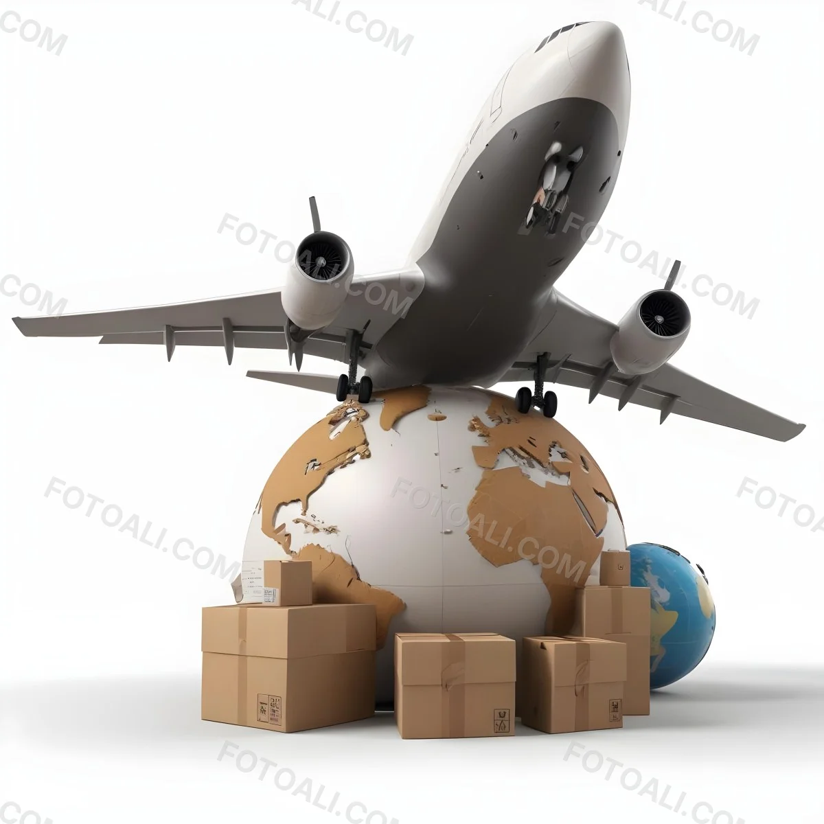 A Large Commercial Airplane Taking Off From A Globe With Cardboard Boxes And A Compass On The Ground Representing Global Logistics And Transportation 8 C77c