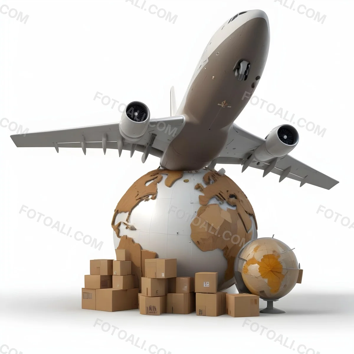 A Large Commercial Airplane Taking Off From A Globe With Cardboard Boxes And A Compass On The Ground Representing Global Logistics And Transportation 9 8d19