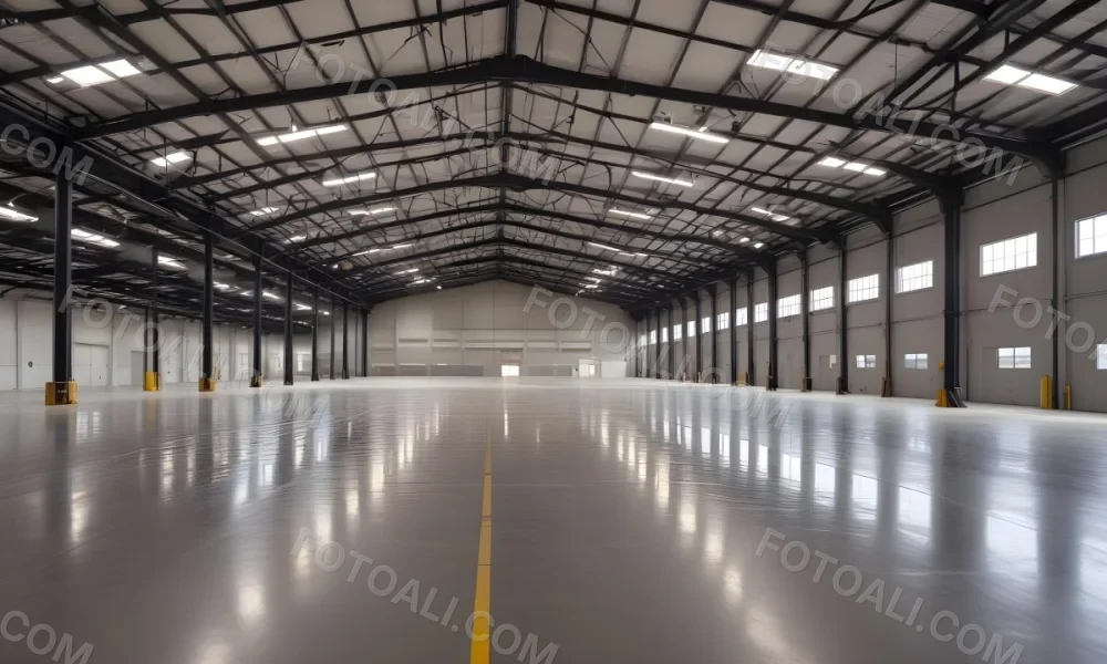 A Large Empty Industrial Warehouse With A High Ceiling Metal Floor And Metal Truss Structure 1 998b