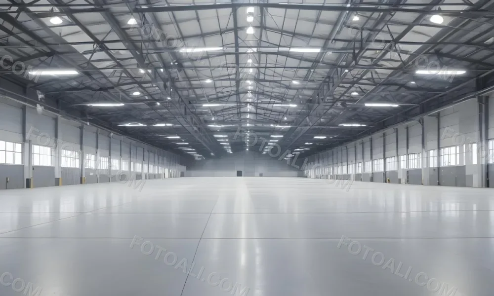 A Large Empty Industrial Warehouse With A High Ceiling Metal Floor And Metal Truss Structure 12 3eb3