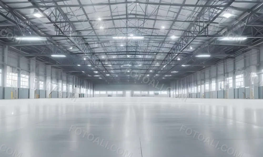 A Large Empty Industrial Warehouse With A High Ceiling Metal Floor And Metal Truss Structure 23 B23b