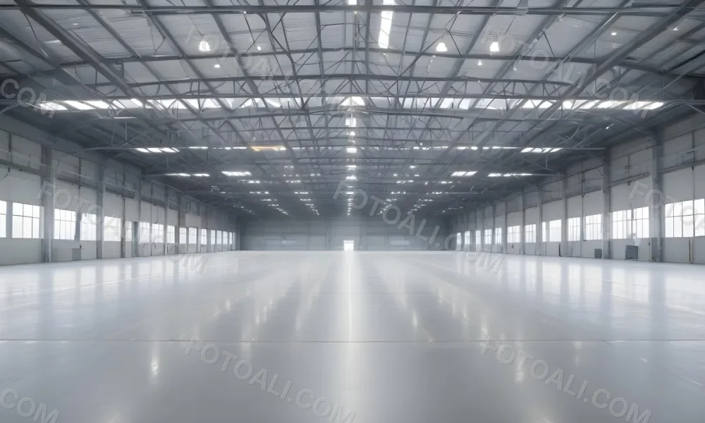 A Large Empty Industrial Warehouse With A High Ceiling Metal Floor And Metal Truss Structure 24 1611