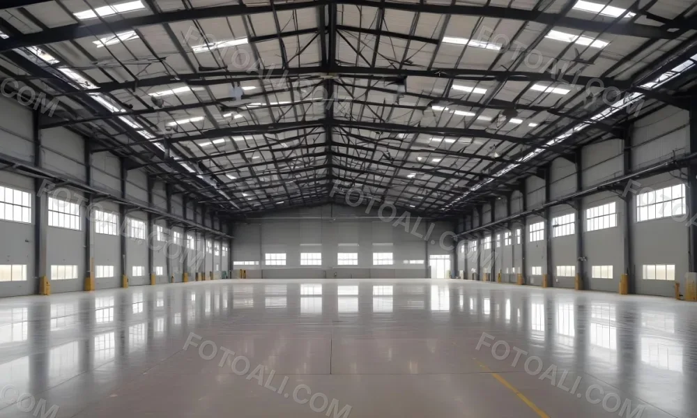 A Large Empty Industrial Warehouse With A High Ceiling Metal Floor And Metal Truss Structure 3 90ca
