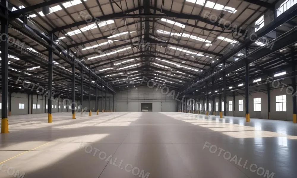 A Large Empty Industrial Warehouse With A High Ceiling Metal Floor And Metal Truss Structure 5 3aba