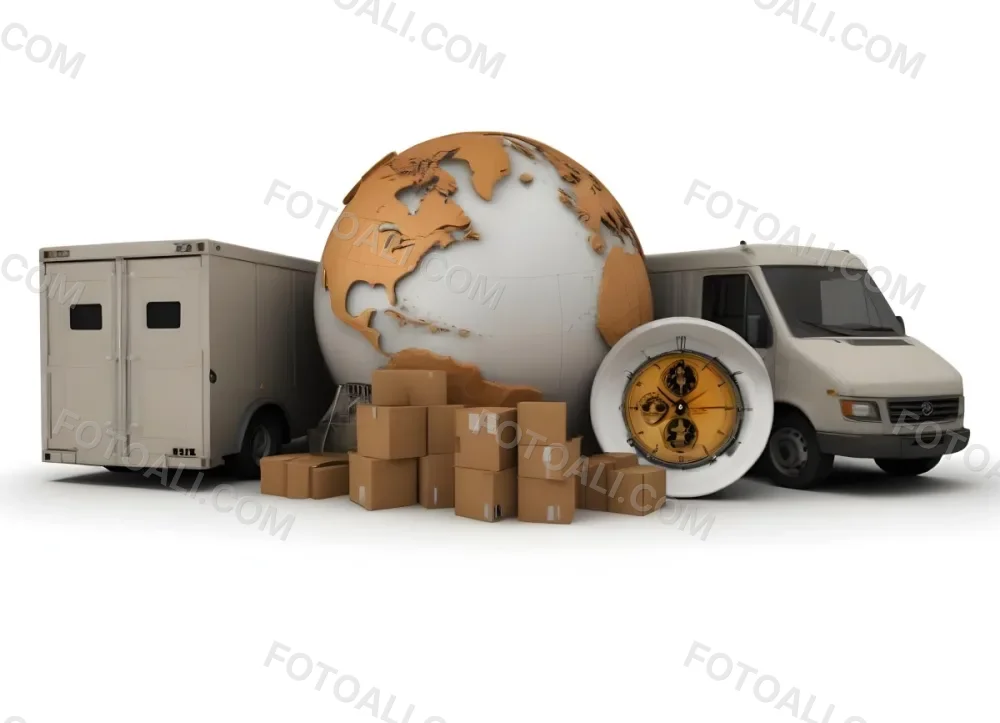 A Large Globe Representing The World Surrounded By Various Shipping And Logistics Items Such As Cardboard Boxes A Delivery Van And A Clock 12 8d05