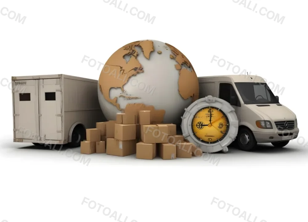 A Large Globe Representing The World Surrounded By Various Shipping And Logistics Items Such As Cardboard Boxes A Delivery Van And A Clock 15 B57e