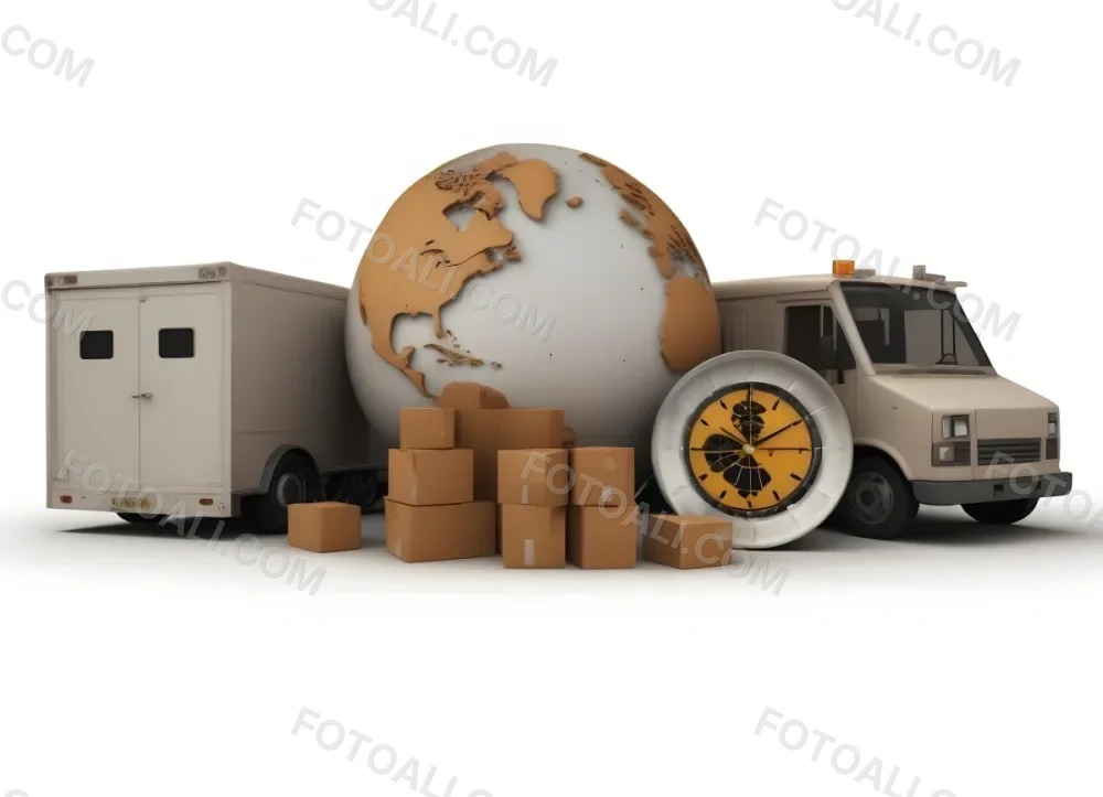 A Large Globe Representing The World Surrounded By Various Shipping And Logistics Items Such As Cardboard Boxes A Delivery Van And A Clock 19 Fe27