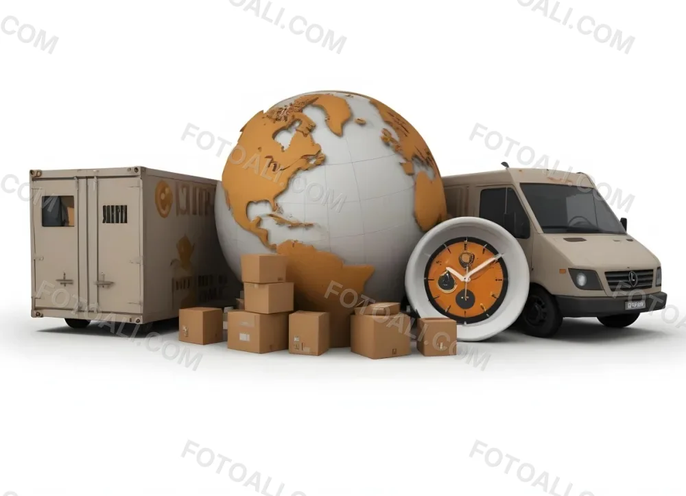 A Large Globe Representing The World Surrounded By Various Shipping And Logistics Items Such As Cardboard Boxes A Delivery Van And A Clock 22 Bf44