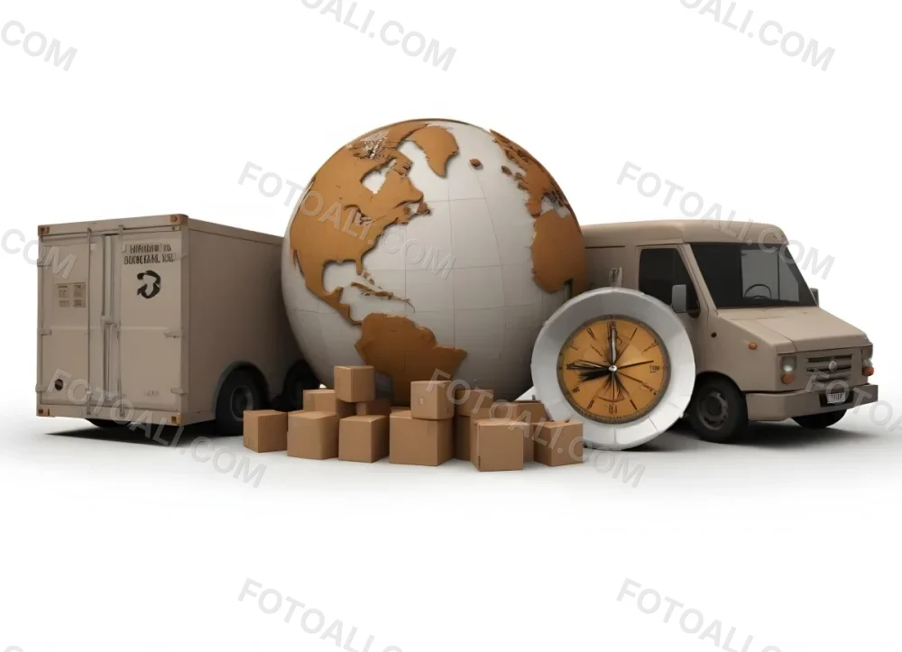 A Large Globe Representing The World Surrounded By Various Shipping And Logistics Items Such As Cardboard Boxes A Delivery Van And A Clock 28 1608
