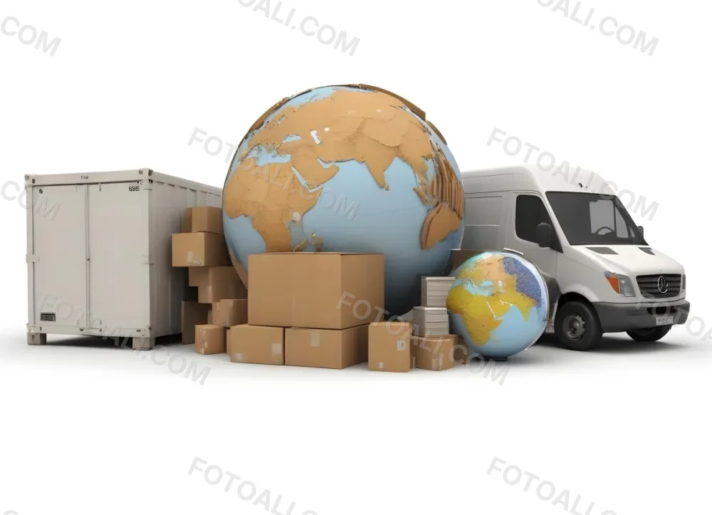 A Large Globe Representing The World Surrounded By Various Shipping And Logistics Items Such As Cardboard Boxes A Delivery Van And A Clock 40 Fc1d