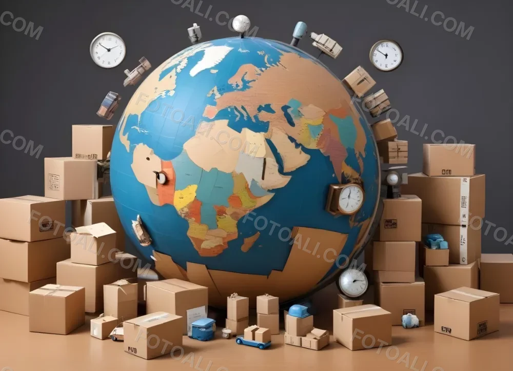 A Large Globe Representing The World Surrounded By Various Shipping And Logistics Items Such As Cardboard Boxes A Delivery Van And A Clock 46 7963