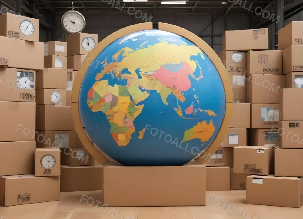 A Large Globe Representing The World Surrounded By Various Shipping And Logistics Items Such As Cardboard Boxes A Delivery Van And A Clock 47 D555