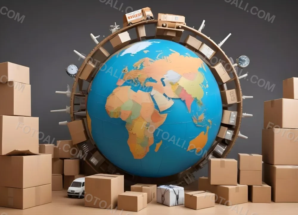 A Large Globe Representing The World Surrounded By Various Shipping And Logistics Items Such As Cardboard Boxes A Delivery Van And A Clock 49 19cd