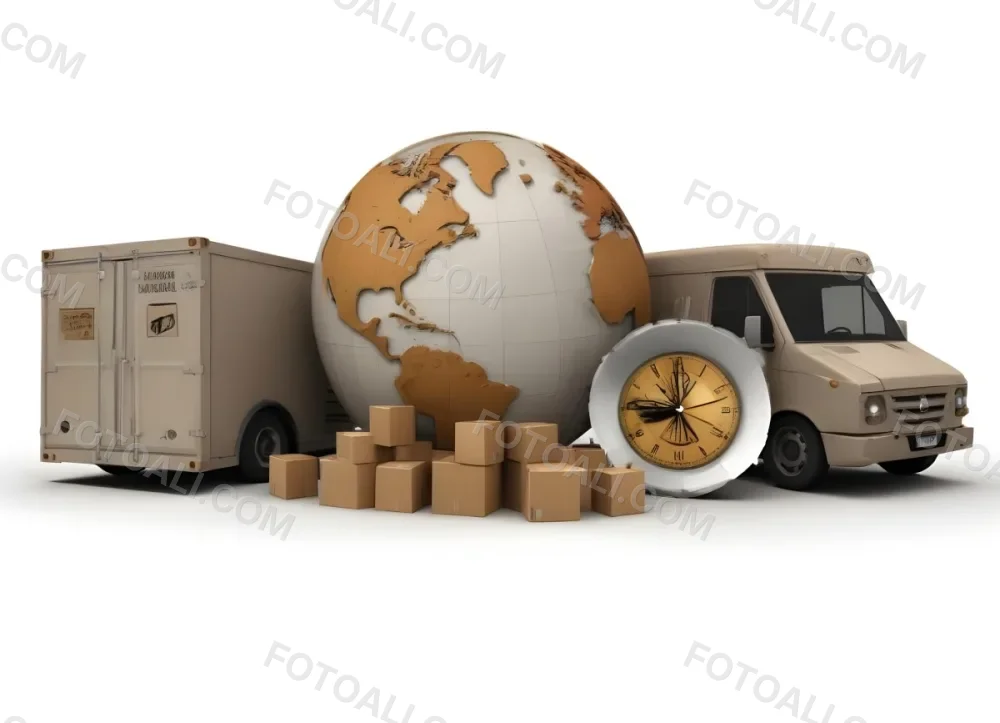 A Large Globe Representing The World Surrounded By Various Shipping And Logistics Items Such As Cardboard Boxes A Delivery Van And A Clock 5 C50d