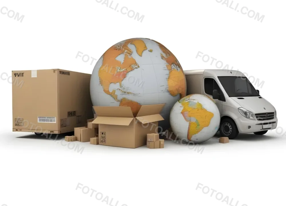 A Large Globe Representing The World Surrounded By Various Shipping And Logistics Items Such As Cardboard Boxes A Delivery Van And A Clock 50 76e1