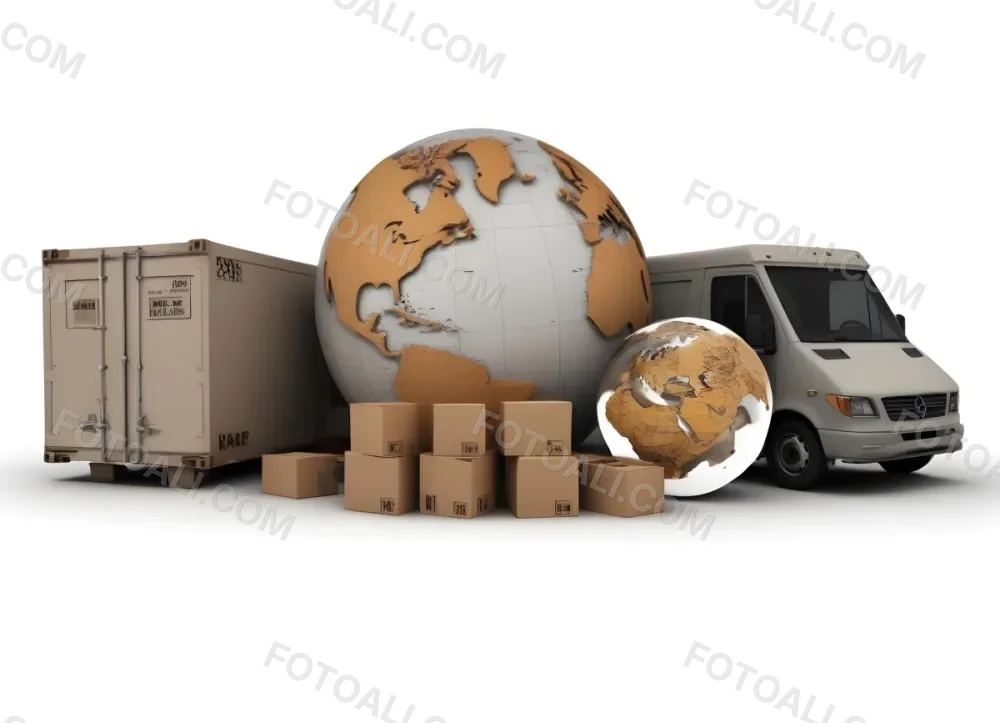 A Large Globe Representing The World Surrounded By Various Shipping And Logistics Items Such As Cardboard Boxes A Delivery Van And A Clock 51 1f9b