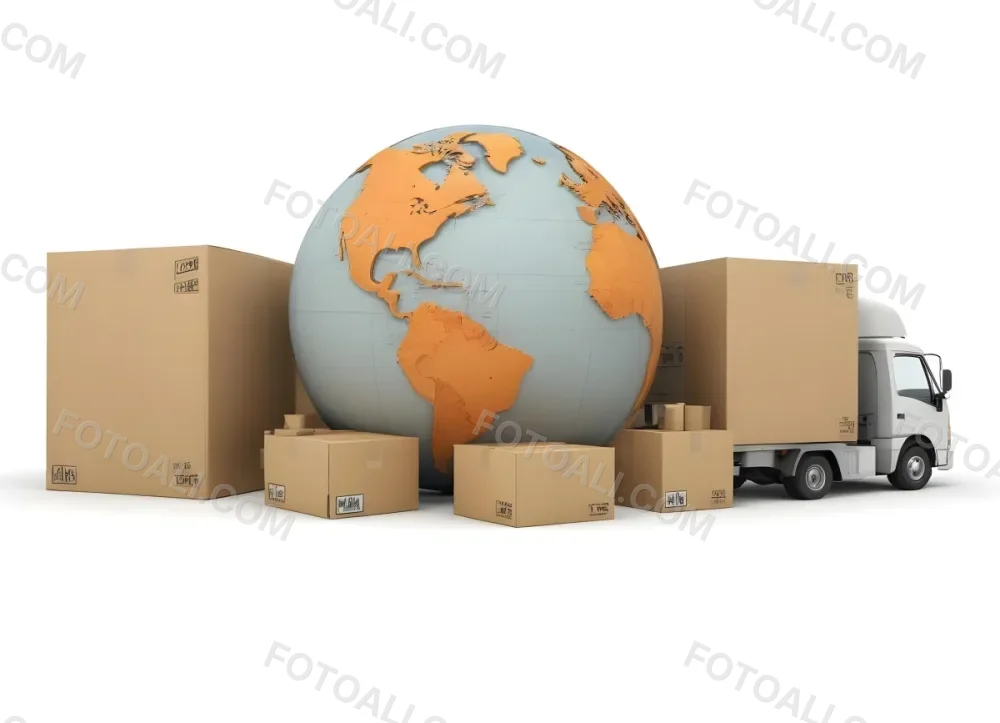 A Large Globe Representing The World Surrounded By Various Shipping And Logistics Items Such As Cardboard Boxes A Delivery Van And A Clock 52 24c3