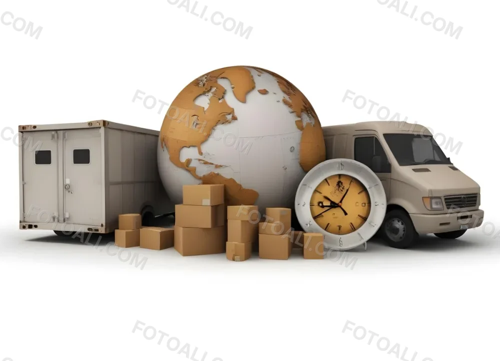 A Large Globe Representing The World Surrounded By Various Shipping And Logistics Items Such As Cardboard Boxes A Delivery Van And A Clock 54 C116