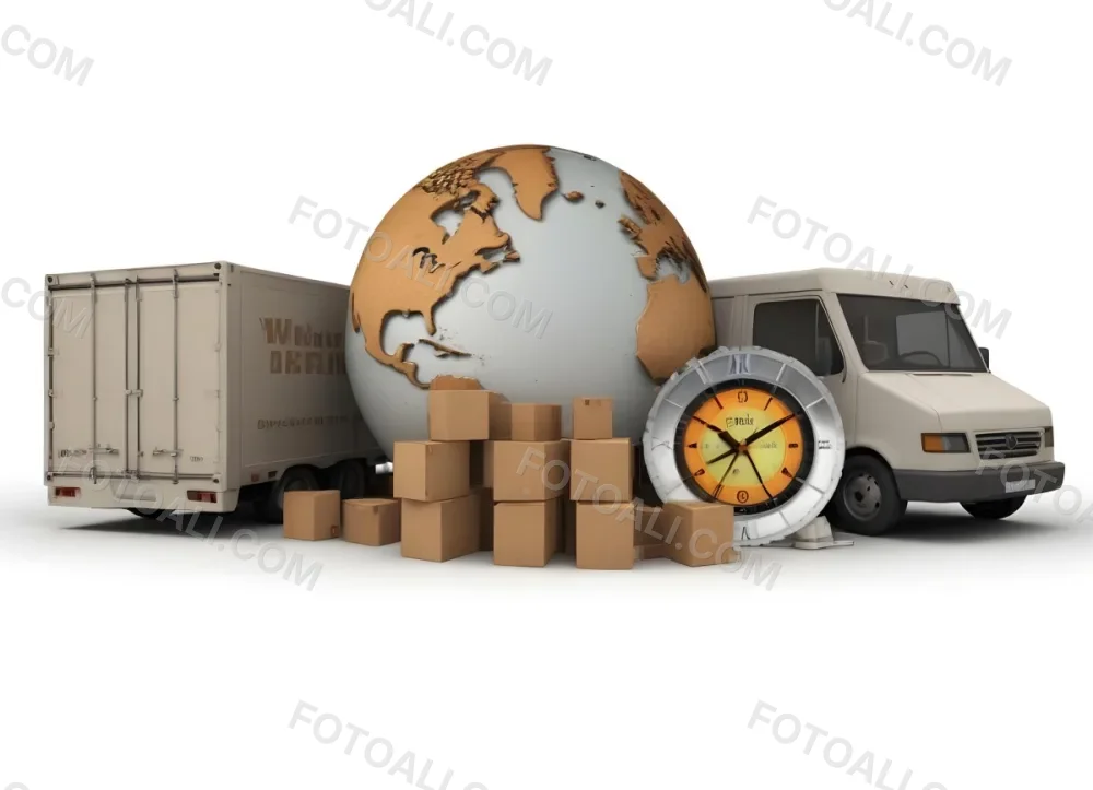 A Large Globe Representing The World Surrounded By Various Shipping And Logistics Items Such As Cardboard Boxes A Delivery Van And A Clock 6 E0bb