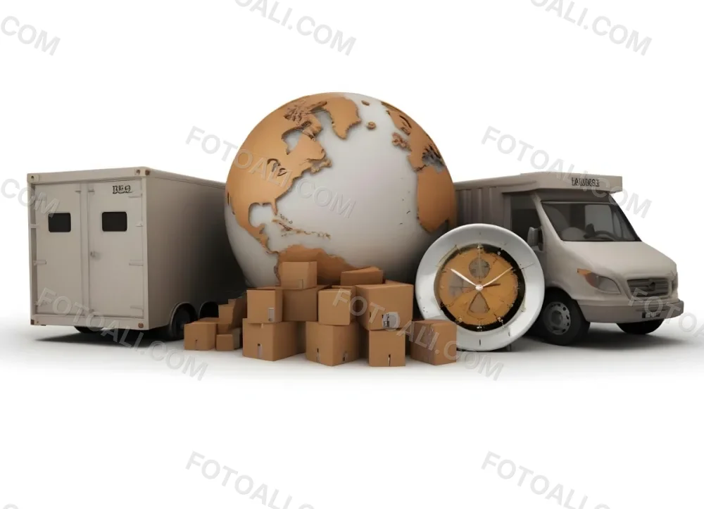 A Large Globe Representing The World Surrounded By Various Shipping And Logistics Items Such As Cardboard Boxes A Delivery Van And A Clock 9 887c