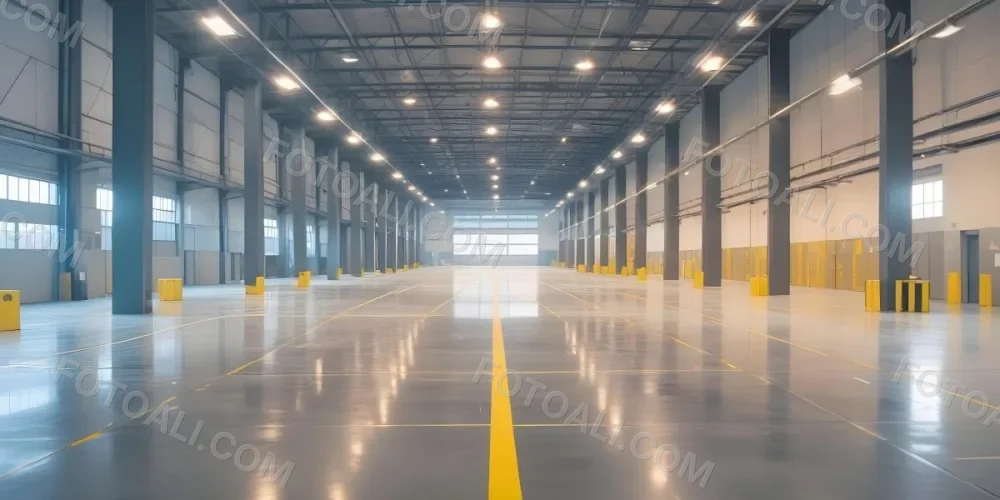 A Large Industrial Warehouse Interior With High Ceilings Concrete Floors And Rows Of Overhead Lighting The Space Appears To Be Empty And Clean With Yellow Lines Painted On The Floor 12 8eea