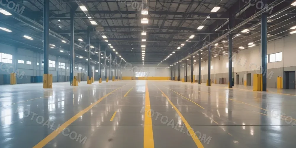 A Large Industrial Warehouse Interior With High Ceilings Concrete Floors And Rows Of Overhead Lighting The Space Appears To Be Empty And Clean With Yellow Lines Painted On The Floor 13 Ffcc
