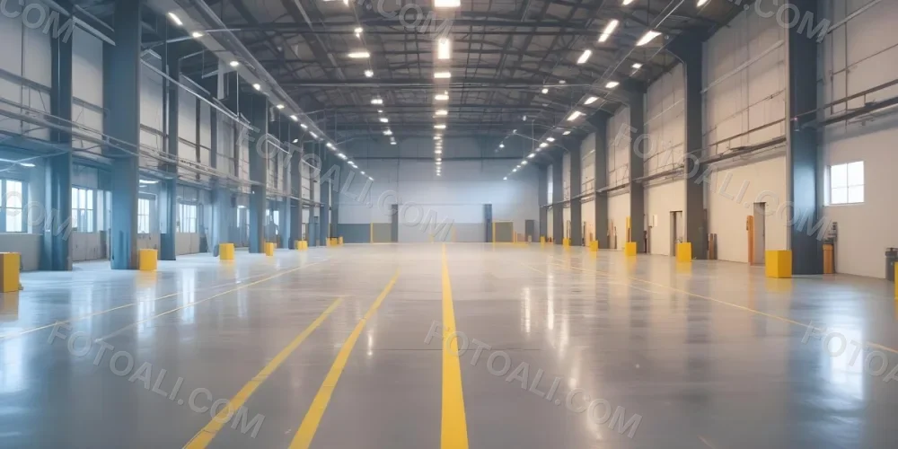 A Large Industrial Warehouse Interior With High Ceilings Concrete Floors And Rows Of Overhead Lighting The Space Appears To Be Empty And Clean With Yellow Lines Painted On The Floor 16 3b75