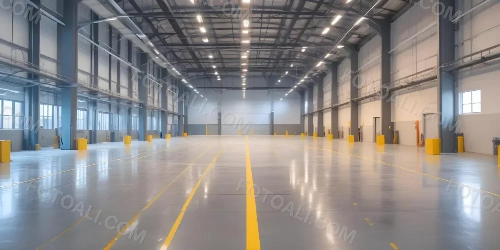 A Large Industrial Warehouse Interior With High Ceilings Concrete Floors And Rows Of Overhead Lighting The Space Appears To Be Empty And Clean With Yellow Lines Painted On The Floor 17 7ab4