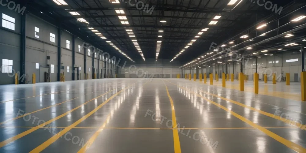 A Large Industrial Warehouse Interior With High Ceilings Concrete Floors And Rows Of Overhead Lighting The Space Appears To Be Empty And Clean With Yellow Lines Painted On The Floor 2 Aac7