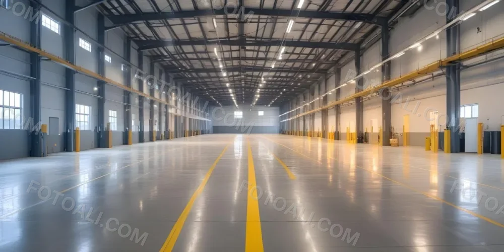 A Large Industrial Warehouse Interior With High Ceilings Concrete Floors And Rows Of Overhead Lighting The Space Appears To Be Empty And Clean With Yellow Lines Painted On The Floor 21 2bd5