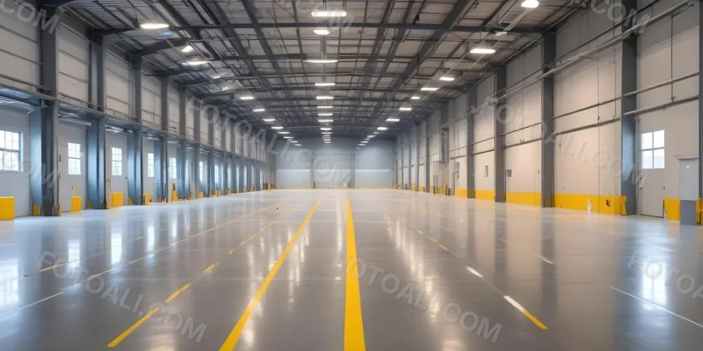 A Large Industrial Warehouse Interior With High Ceilings Concrete Floors And Rows Of Overhead Lighting The Space Appears To Be Empty And Clean With Yellow Lines Painted On The Floor 23 9091