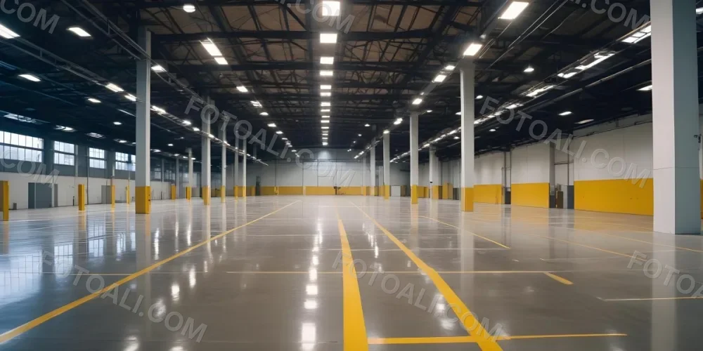 A Large Industrial Warehouse Interior With High Ceilings Concrete Floors And Rows Of Overhead Lighting The Space Appears To Be Empty And Clean With Yellow Lines Painted On The Floor 4 1031
