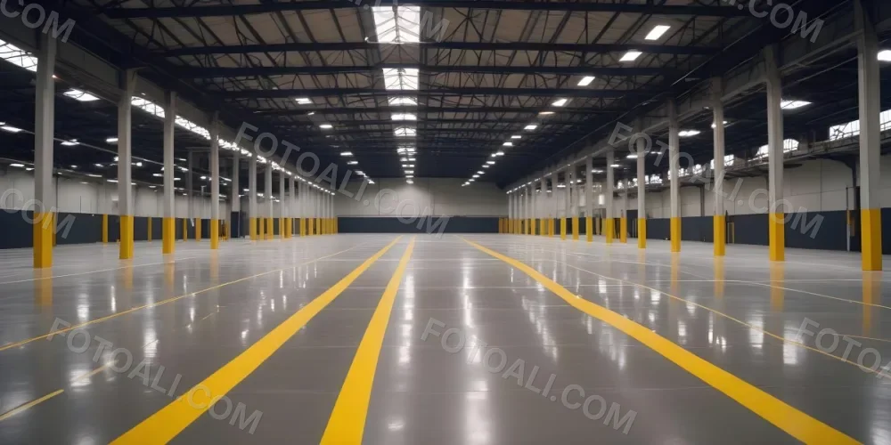 A Large Industrial Warehouse Interior With High Ceilings Concrete Floors And Rows Of Overhead Lighting The Space Appears To Be Empty And Clean With Yellow Lines Painted On The Floor 5 0d1a
