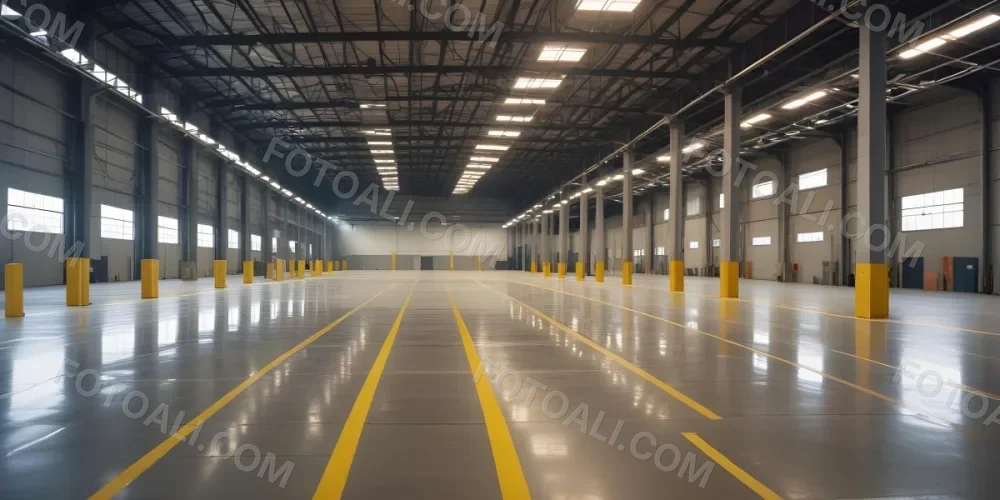 A Large Industrial Warehouse Interior With High Ceilings Concrete Floors And Rows Of Overhead Lighting The Space Appears To Be Empty And Clean With Yellow Lines Painted On The Floor 6 39ce
