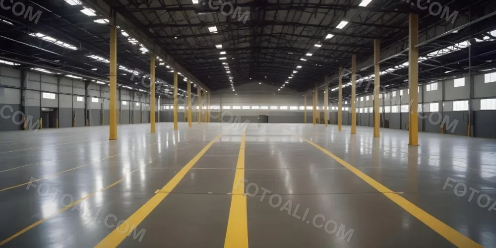 A Large Industrial Warehouse Interior With High Ceilings Concrete Floors And Rows Of Overhead Lighting The Space Appears To Be Empty And Clean With Yellow Lines Painted On The Floor 7 Dbe0