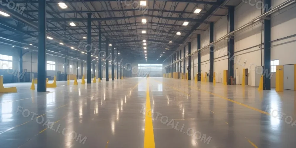 A Large Industrial Warehouse Interior With High Ceilings Concrete Floors And Rows Of Overhead Lighting The Space Appears To Be Empty And Clean With Yellow Lines Painted On The Floor 8 1f14