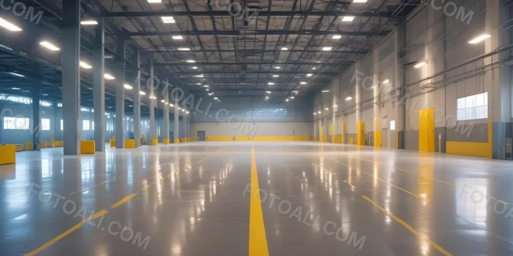 A Large Industrial Warehouse Interior With High Ceilings Concrete Floors And Rows Of Overhead Lighting The Space Appears To Be Empty And Clean With Yellow Lines Painted On The Floor 9 60b3