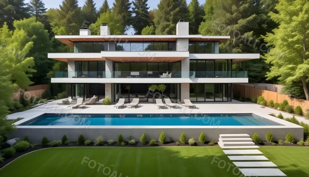 A Large Modern Two Story House With A Swimming Pool In The Backyard Surrounded By Trees And Landscaping 11 2412