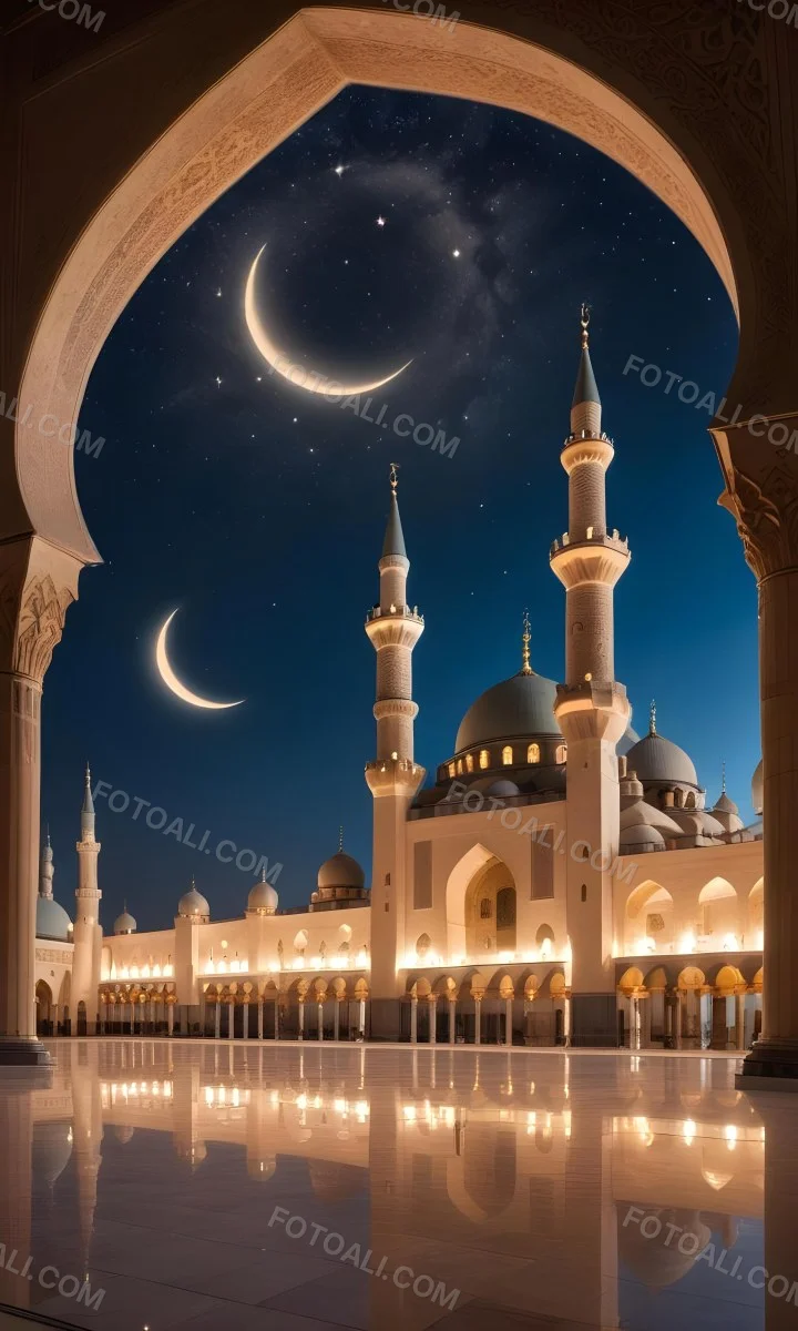 A Large Mosque With Multiple Minarets And Domes Illuminated At Night Against A Starry Sky With A Crescent Moon 1 45a5