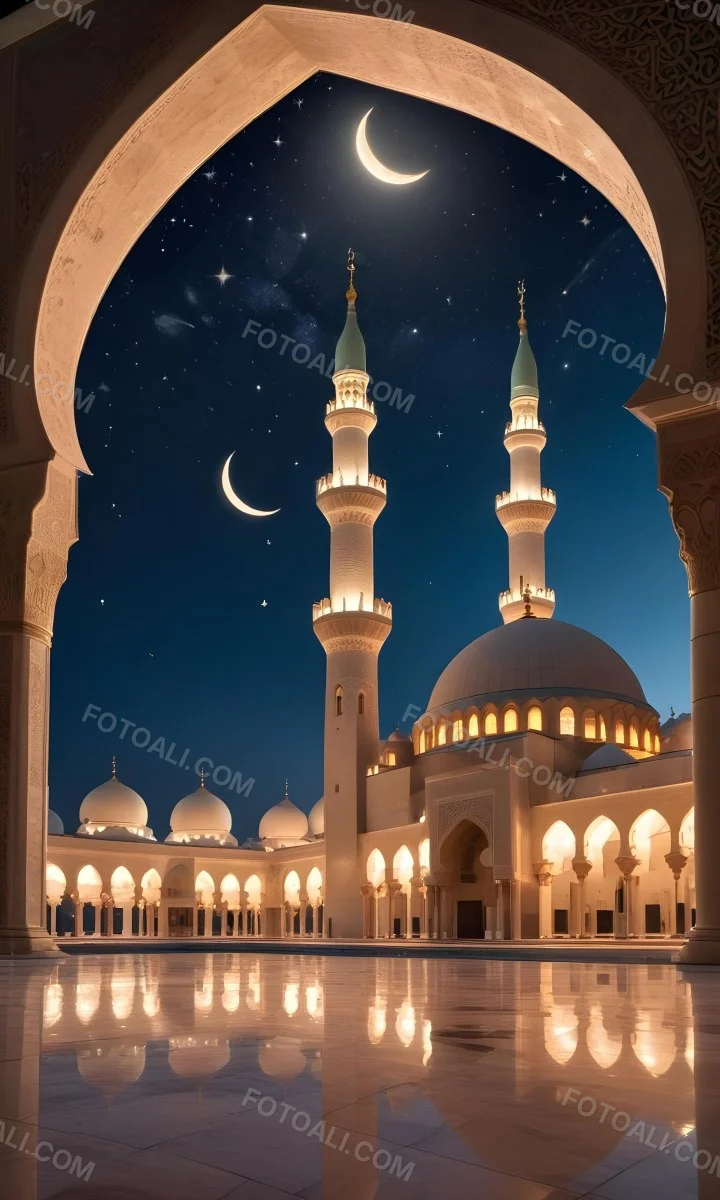 A Large Mosque With Multiple Minarets And Domes Illuminated At Night Against A Starry Sky With A Crescent Moon 2 E8cd