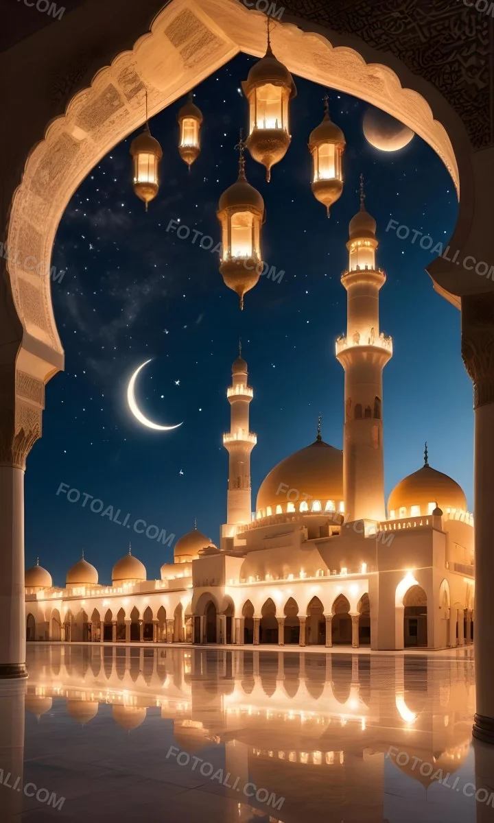 A Large Mosque With Multiple Minarets And Domes Illuminated At Night Against A Starry Sky With A Crescent Moon 4 C234
