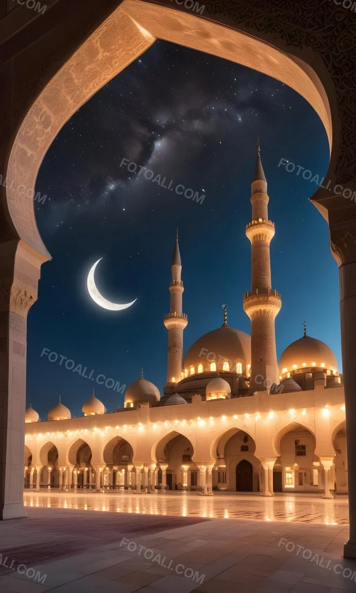 A Large Mosque With Multiple Minarets And Domes Illuminated At Night Against A Starry Sky With A Crescent Moon 7 C069
