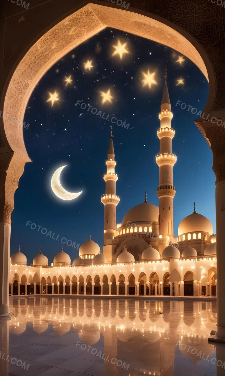 A Large Mosque With Multiple Minarets And Domes Illuminated At Night Against A Starry Sky With A Crescent Moon 8 1383