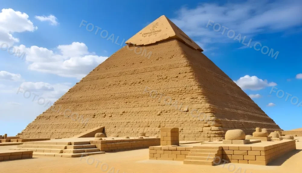 A Large Sand Colored Pyramid With A Pointed Top Against A Clear Blue Sky Surrounded By Smaller Structures In The Desert 1 2f63