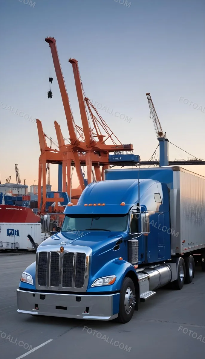 A Large Semi Truck With A Blue Cab And A Gray Trailer Parked In Front Of A Port With Cranes In The Background 12 Cc22