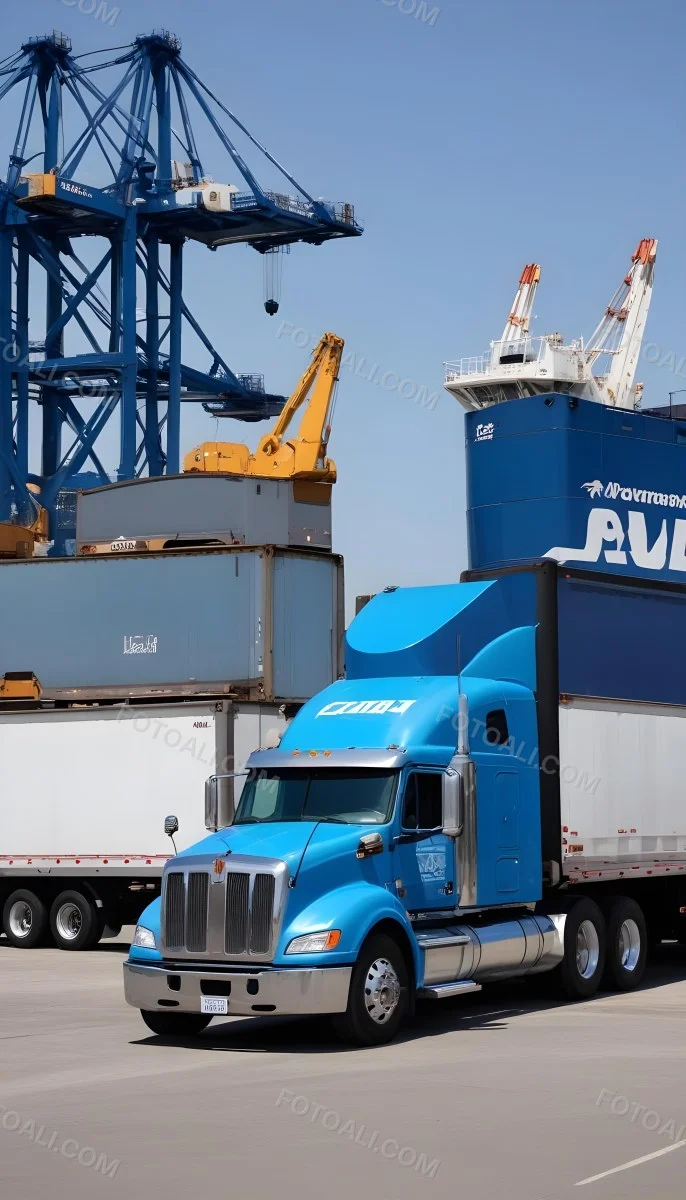 A Large Semi Truck With A Blue Cab And A Gray Trailer Parked In Front Of A Port With Cranes In The Background 13 6916
