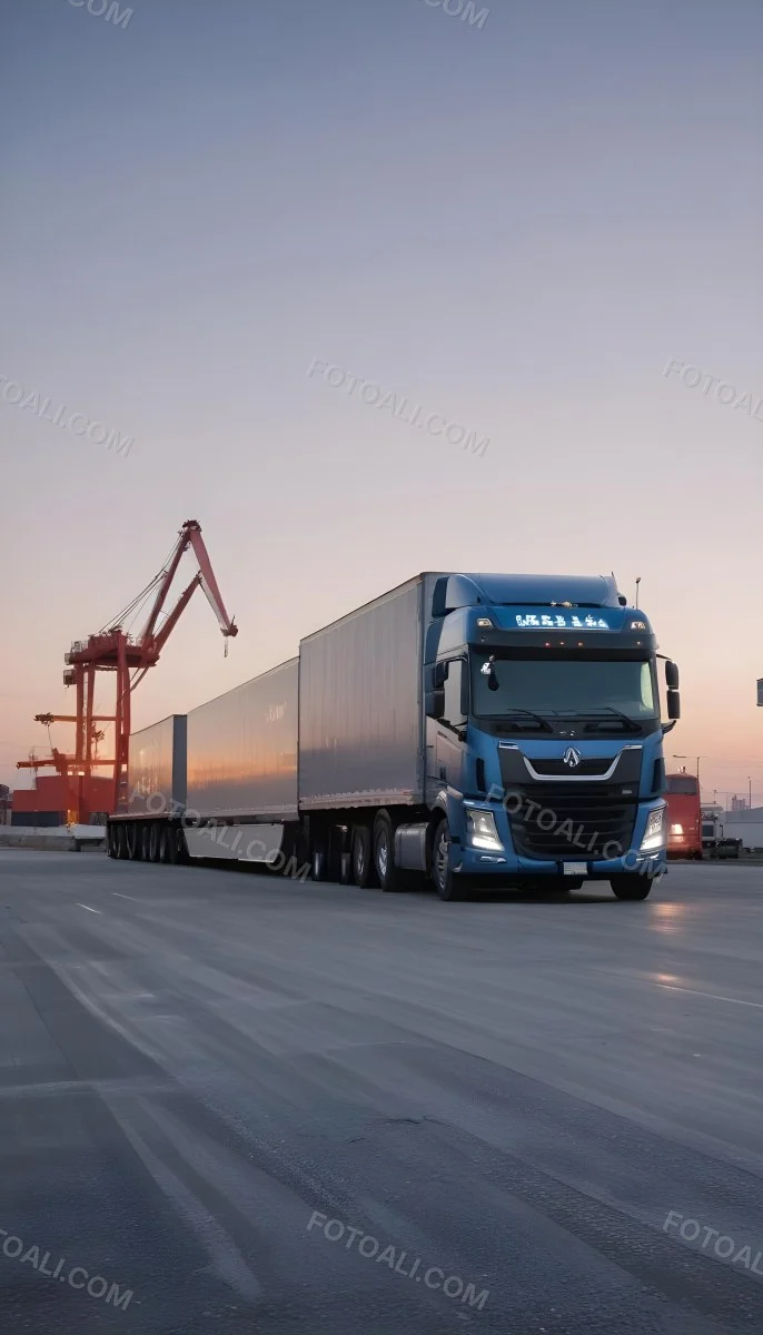 A Large Semi Truck With A Blue Cab And A Gray Trailer Parked In Front Of A Port With Cranes In The Background 17 9a5e