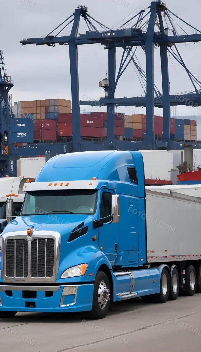 A Large Semi Truck With A Blue Cab And A Gray Trailer Parked In Front Of A Port With Cranes In The Background 2 8be2