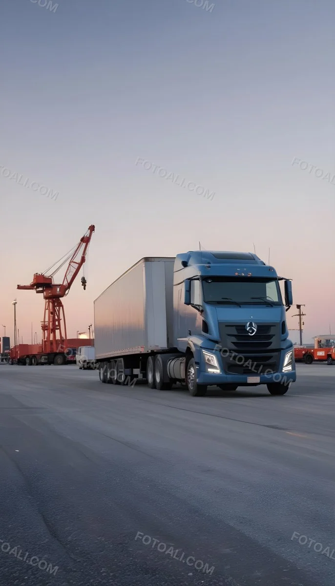 A Large Semi Truck With A Blue Cab And A Gray Trailer Parked In Front Of A Port With Cranes In The Background 20 E287